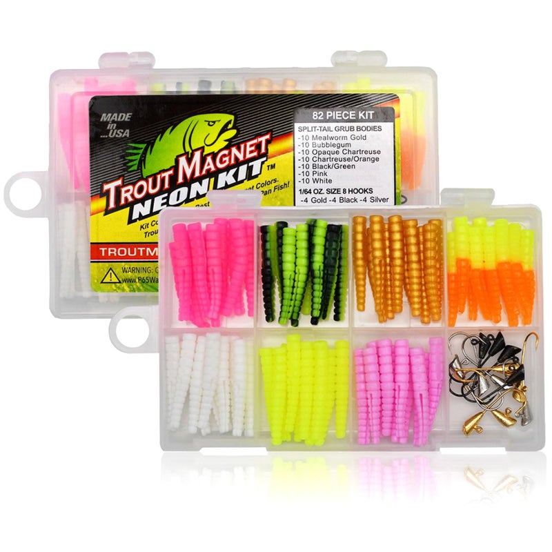 Trout Magnet 82 Piece Neon Fishing Kit, Catches All Types of Fish, Includes 70 Grub Bodies And 12 Size 8 Hooks, Orange,Green,White,Silver - Image 1